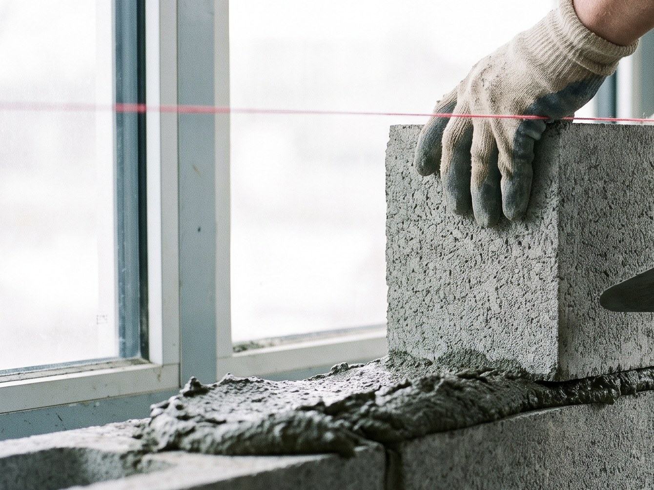 Bloc de béton posé sur un lit de mortier, guidé par un cordeau rouge